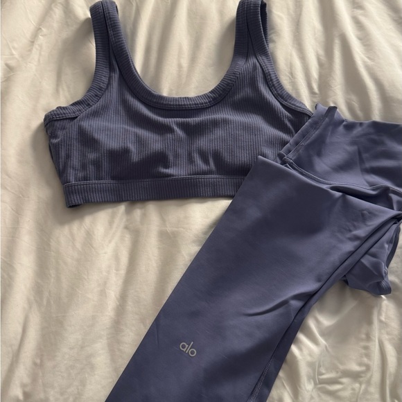 Alo Yoga Ribbed Sports Bra and Leggings Set in Blue - Picture 1 of 2